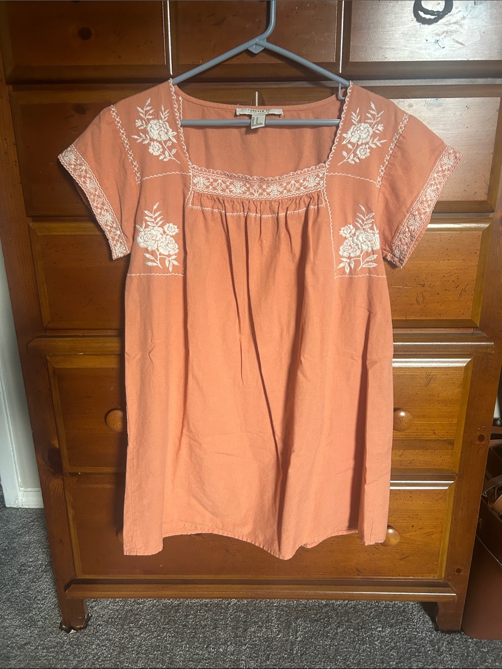 Embroidered Peasant babydoll dress - Coral with White Stitching